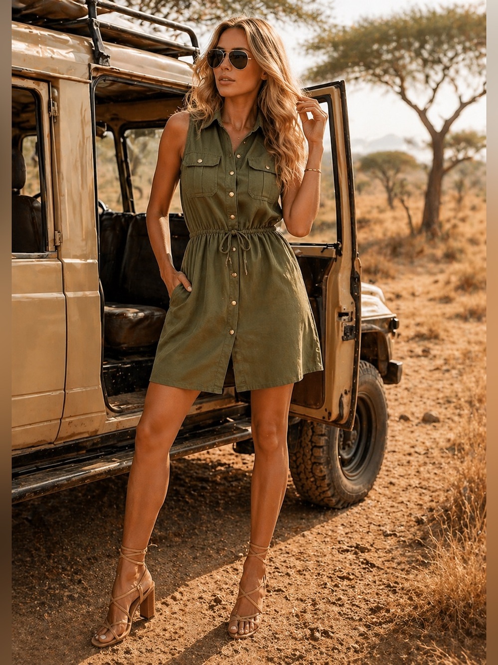 Bebop Olive Green Button Front Dress – Size XS – Safari / Utility Chic